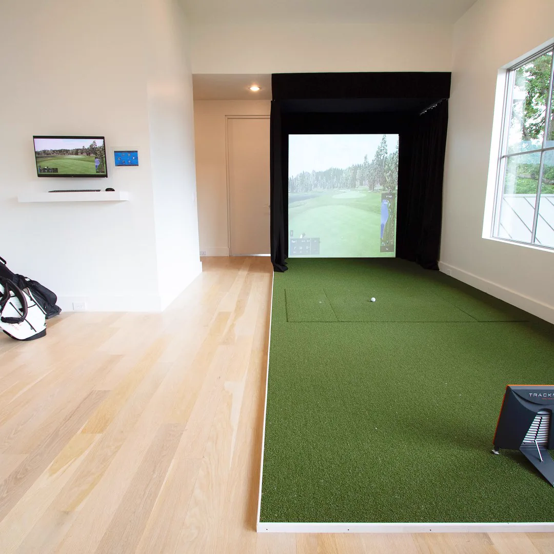 Screenshot Golf screen set into a finished opening in a home simulator room
